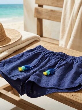 Vineyard Vines Navy Linen Shorts with Colorful Tassels